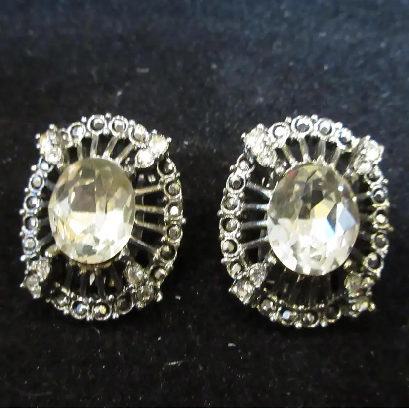 Vintage Silver Tone Metal with Clear Crystal Stones and Marcasite Clip On Earrings - 1 Inch Long