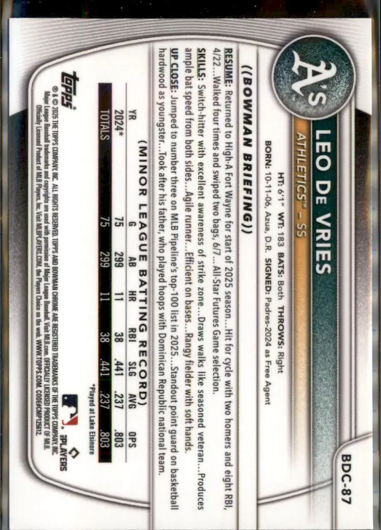 2025 Bowman Draft #BDC-87 Leo De Vries Chrome - (138) - Athletics