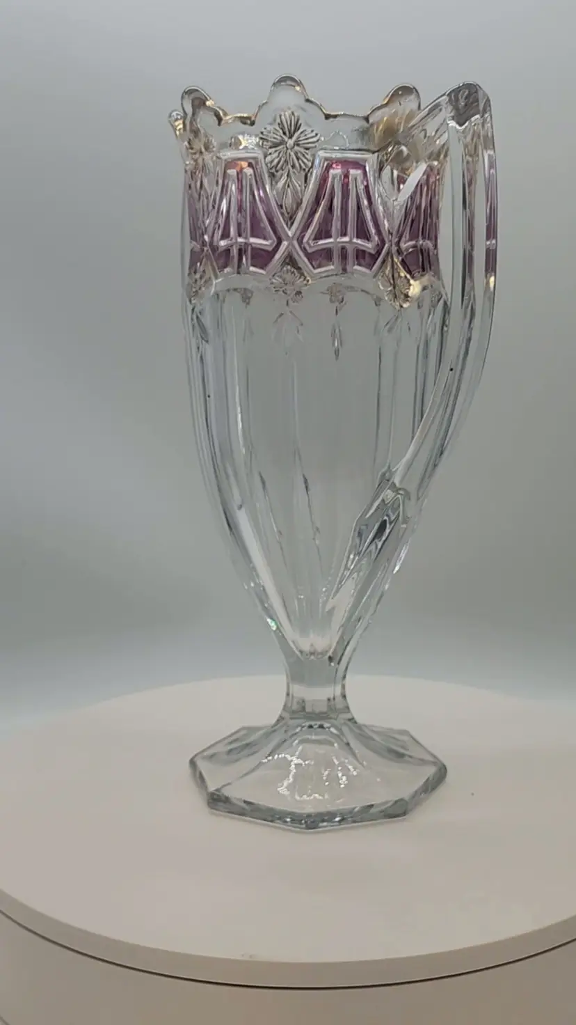 VINTAGE US GLASS CRYSTAL RUBY STAIN PANEL 44 HANDLED VASE