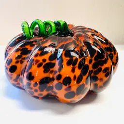 Art Glass Pumpkin Animal Print Green Stem Black Orange Fall Decor Halloween Decor Figurine Sculpture