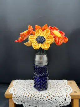Made By Me Fabric And Vintage Button Flowers In A Cobalt Glass Shaker 7” X 4”