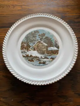Vintage Homer Laughlin “The Old Homestead in Winter” Plate – Currier & Ives – 10" Decorative Winter Scene Plate – Made in USA