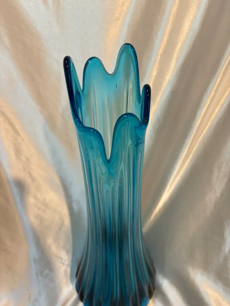 Vintage LE Smith Peacock Blue Swung Vase 20” tall
