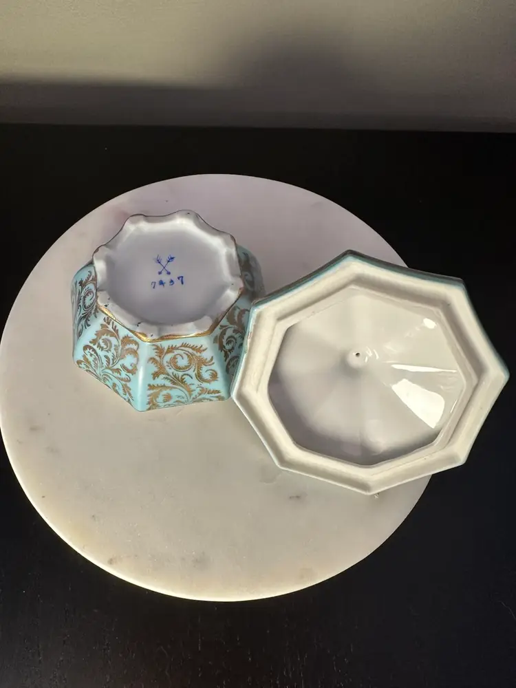 Mid-Century Blue & Gold Porcelain Trinket Box