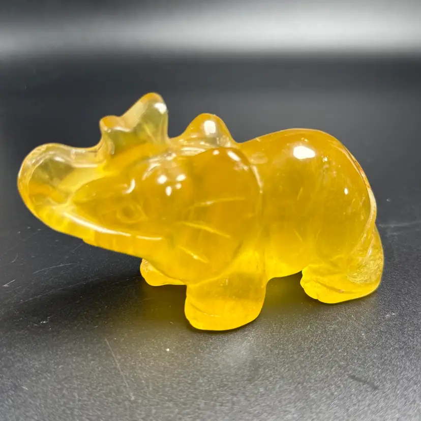 Natural Yellow Fluorite Elephant Hand Carved UVs Stone Trunk Up 4" 376g