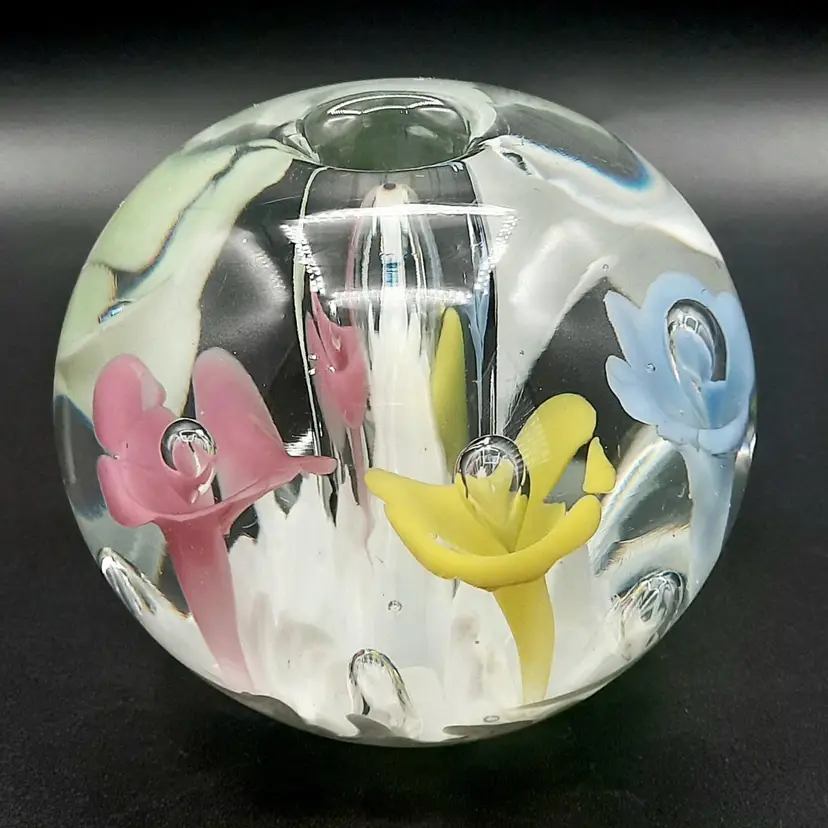 Large Pastel Flower Glass Paperweight Candle Holder?