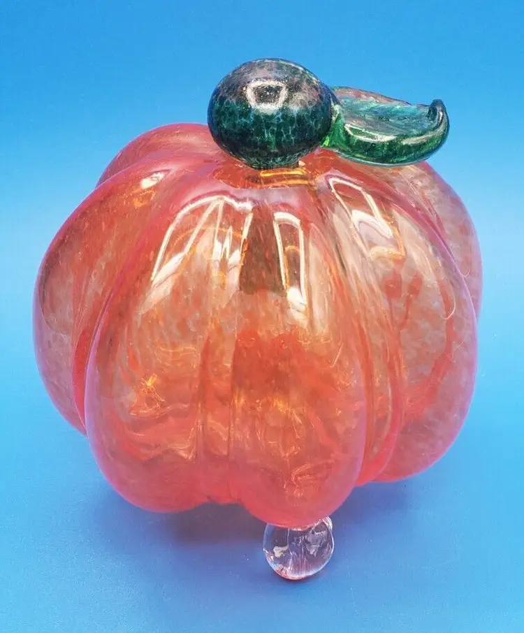 Vintage Iridescent Handblown Art Glass Miniature Pumpkin Orange Stem Removes