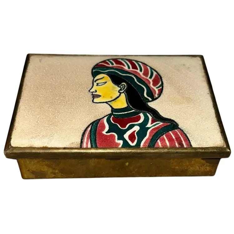 Brass Hinged Cigarettes Card Or Trinket Box With Wood Lining And Tile Top Small Chip On Tile