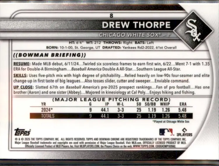 2025 Bowman #8 Drew Thorpe Chrome Mojo Refractor - (138) - Chicago White Sox
