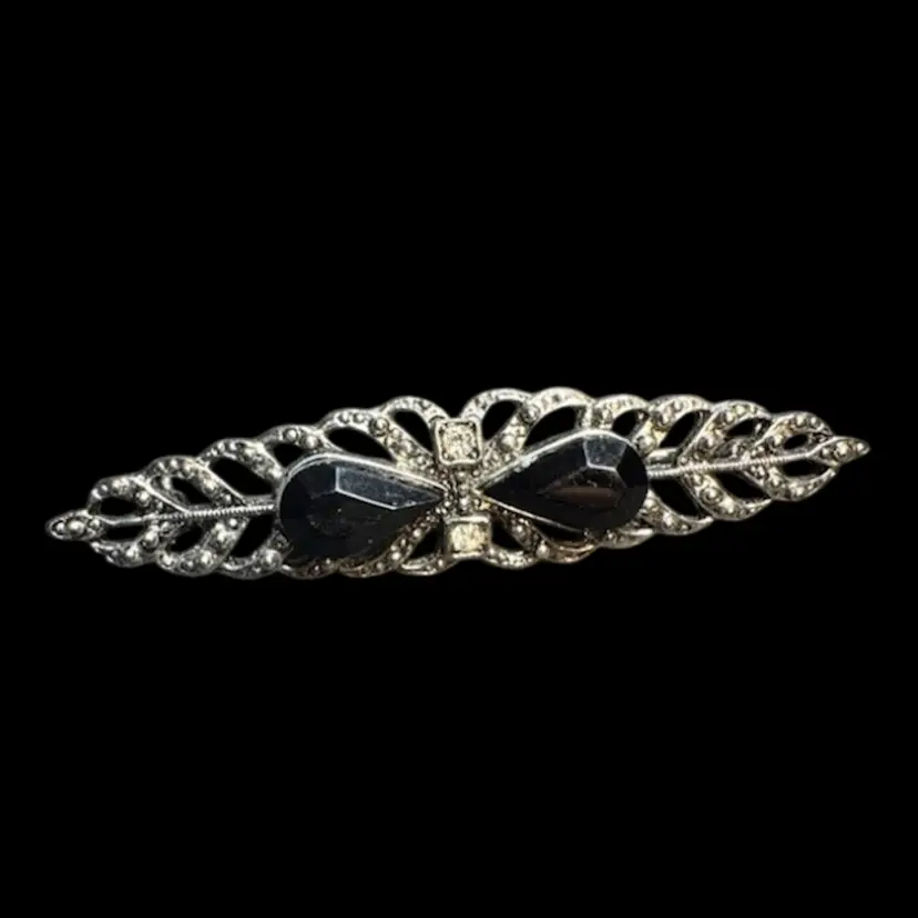 Beautiful Brooch Pin Silver Tone Texture Black Enamel 2.5x.1/2" Vintage