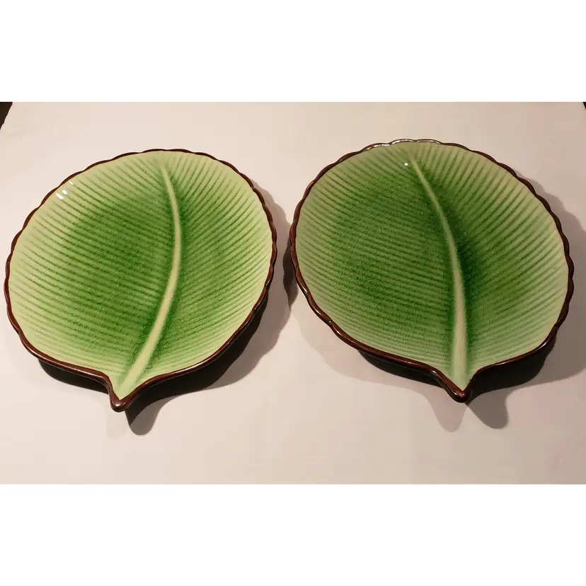 Two (2) World Market Green Ceramic Leaf Plates Serving Dishes Tiki Luau