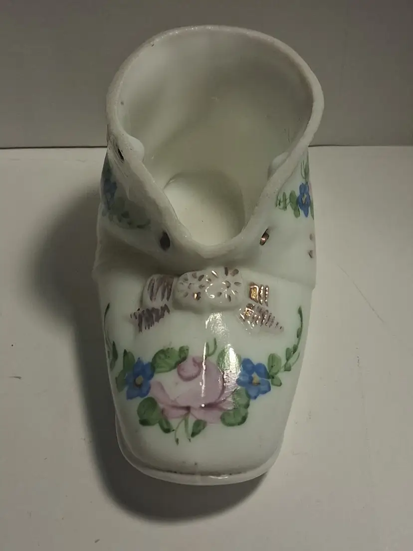 Vintage Lornita Glass Corporation Milk Glass, Hand Painted Baby Shoe c 1940s
