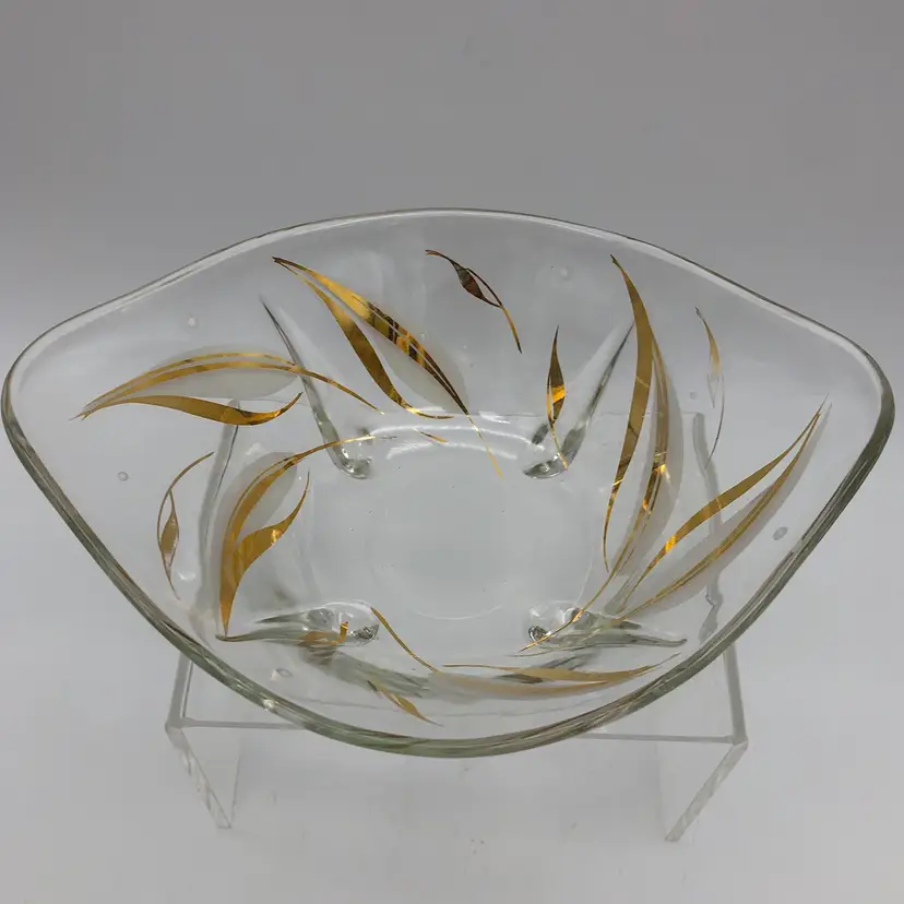 MCM Footed Glass Bowl Nut Dish Pointed Oval with hand painted design