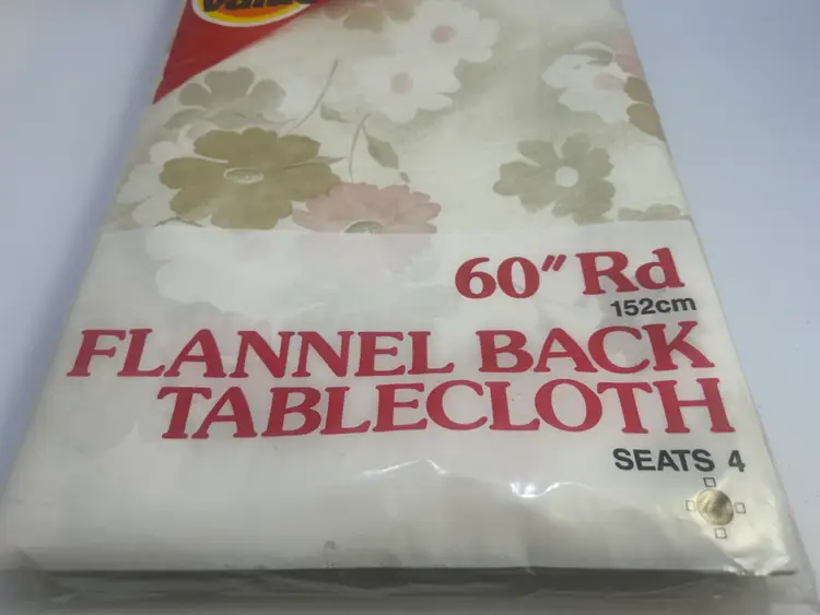 Vintage New Old Stock Super Value 60" Flannel Back Round Flower Design Tablecloth
