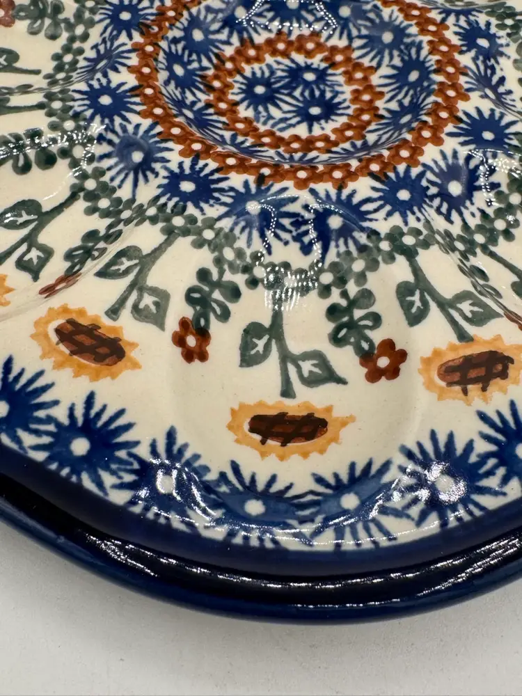 Polish Pottery 9.5” Deviled Egg Plate W/ Sunflowers & Pottery Mark