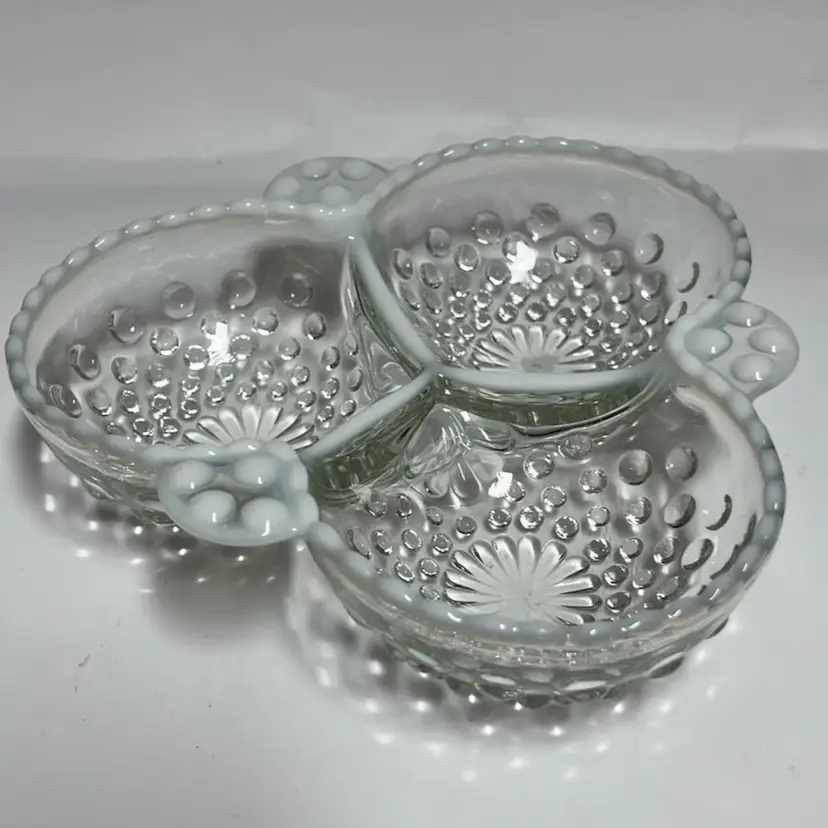 Fenton - French Opalescent/ Moonstone - Hobnail -Divided Three Section Dish 6.5” Wide