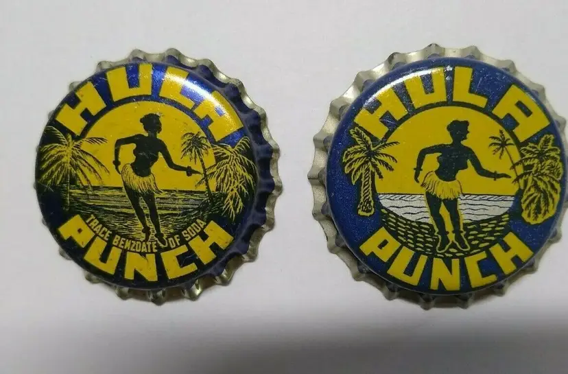 Hula Girl Vintage Bottle Caps Set of 2 Different Punch Soda Hawaiian Ocean