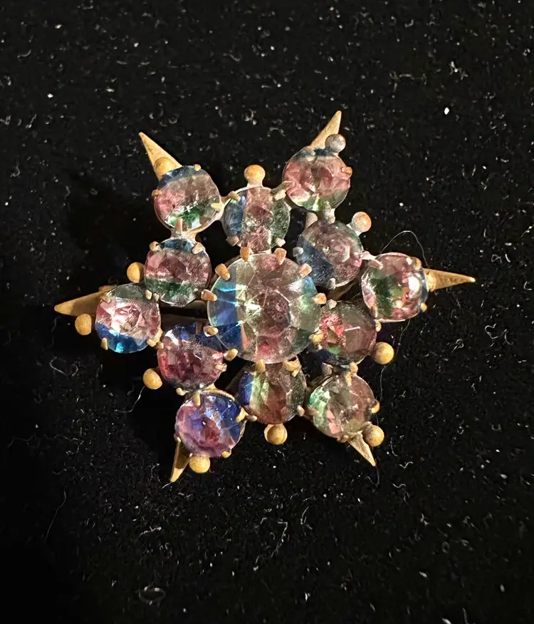 Antique Victorian Iris Rainbow Rhinestone Gold Filled Star Pin
