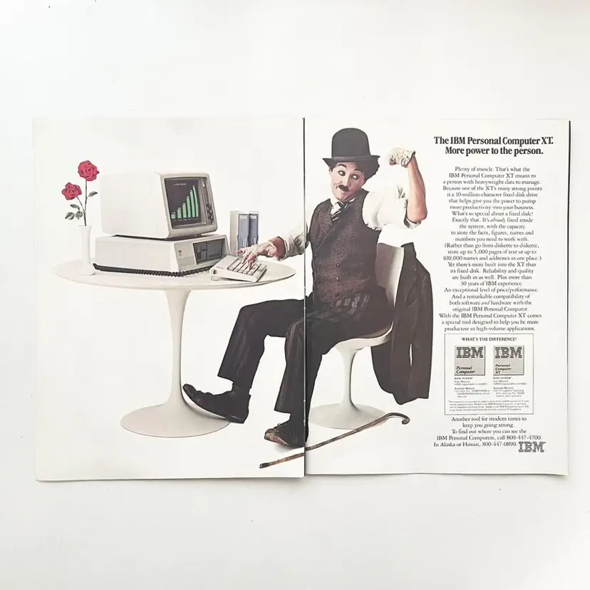 IBM Personal Computer XT Vintage 1980s Original Print Ad Charlie Chaplin