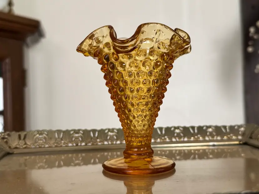 Vintage Fenton Glass Hobnail Trumpet Vase In Amber