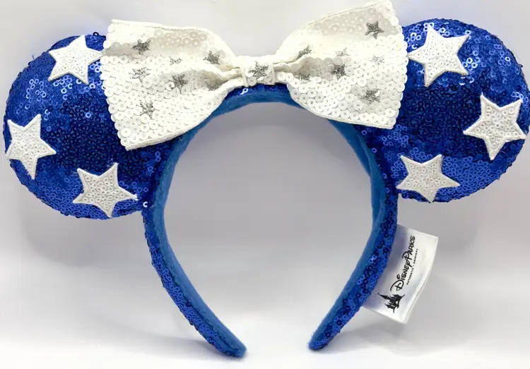 Disney Parks Blue Sequin White Star Minnie Mouse Ears Headband, Halloween Costume Accessory, By Disney, Made In China