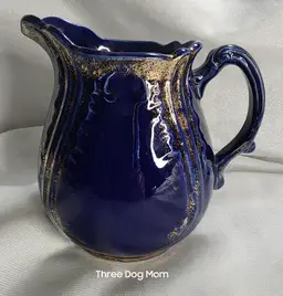 Antique Cobalt Blue Sprayed Gold Accents Pottery Jug Pitcher VGC