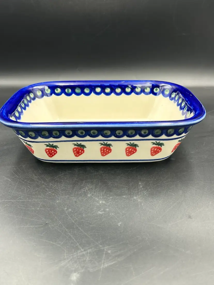 Polish Pottery Hand, Painted Rectangular, Baking Dish, Strawberry Peacock Pattern