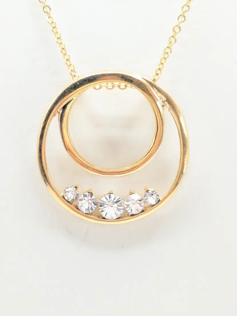 Gold Tone Rhinestone Circle Pendant Necklace