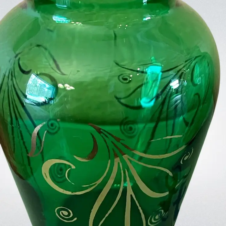 VTG 2 Anchor Hocking Forest Green glass bud vases with a gold filigree leaf and scroll design.