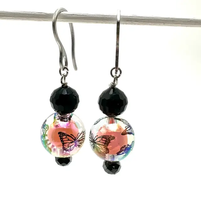 Earrings Handmade Faceted Black Glass Acrylic Butterfly Bead 2”L