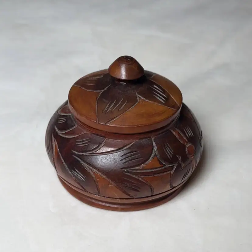Hand Carved Wooden Round Jar with Lid Haiti Floral Vintage Trinket Jar