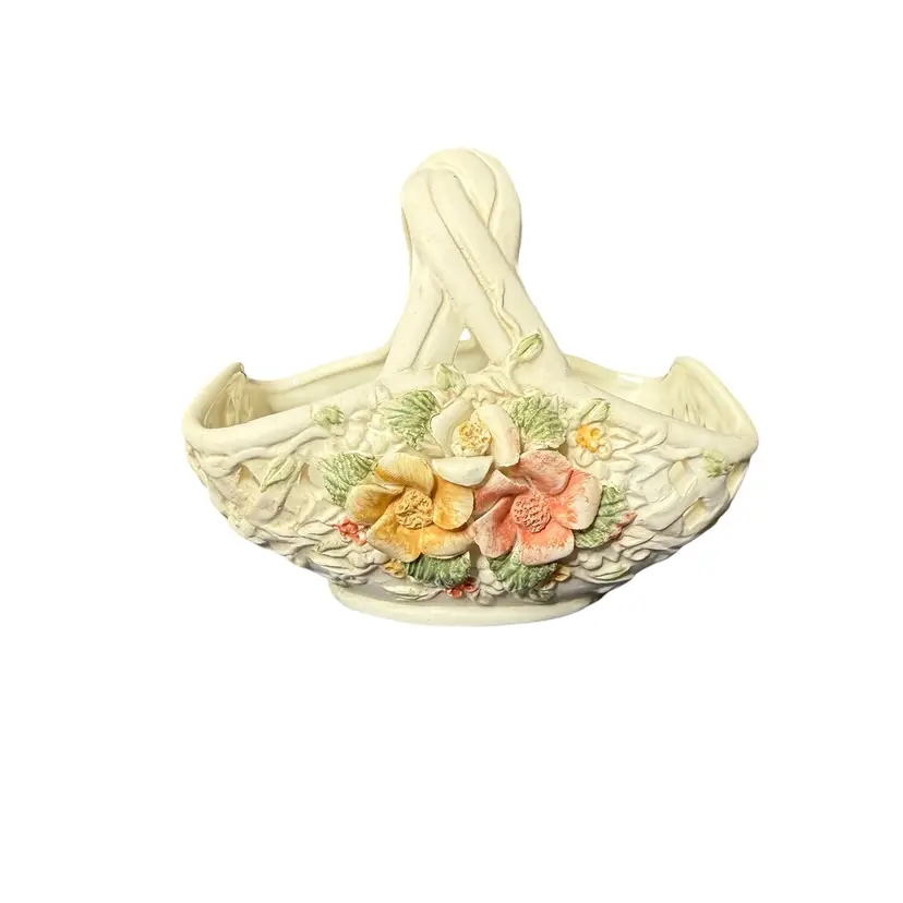 Vintage Porcelain Floral Cottagecore Weave Basket Candy Trinket Dish Ivory 4”