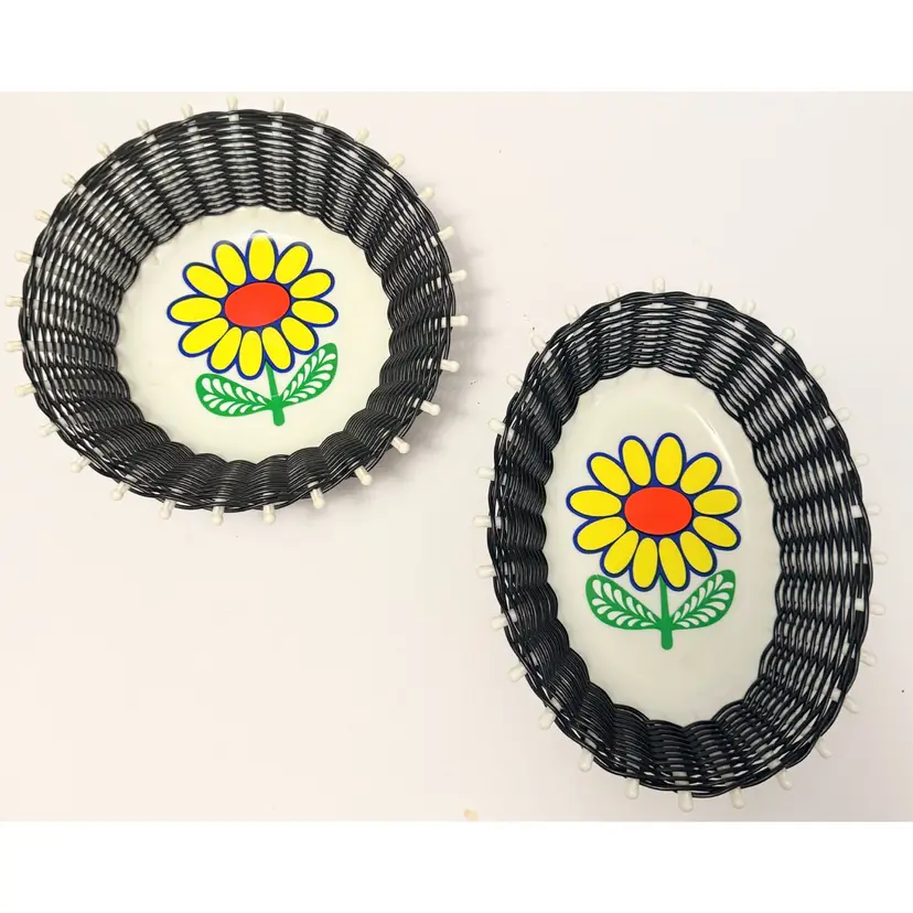 Vintage Plastic Kitchen Basket, Retro Mod Black With Daisy Motif Round & Oval