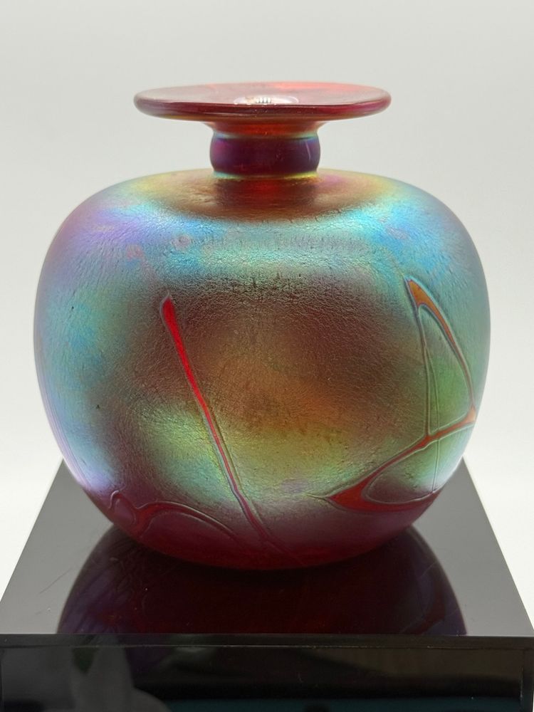 Stephen Fellerman Ruby Art Glass Heavy Iridescence Small Mouth Vase