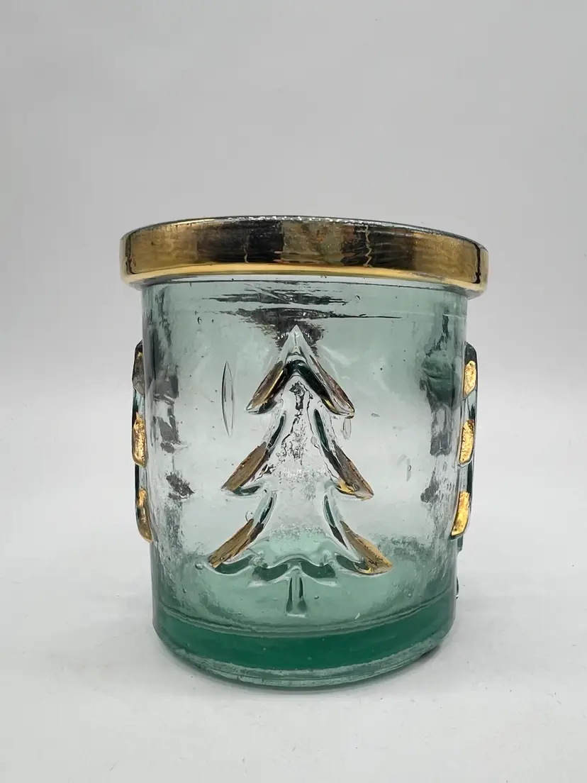 Christmas Tree Green Glass Tea light Candle Holder With Gold Trim ?Recycled Glass?