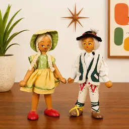 Vintage Polish Wooden Folk Dolls Pair Hand Painted Made in Poland Mid Century 8"