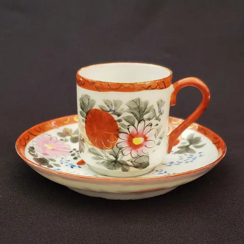 Demitasse Cup Saucer Porcelain Hand Painted Floral Design unbranded 2" tall Vintage