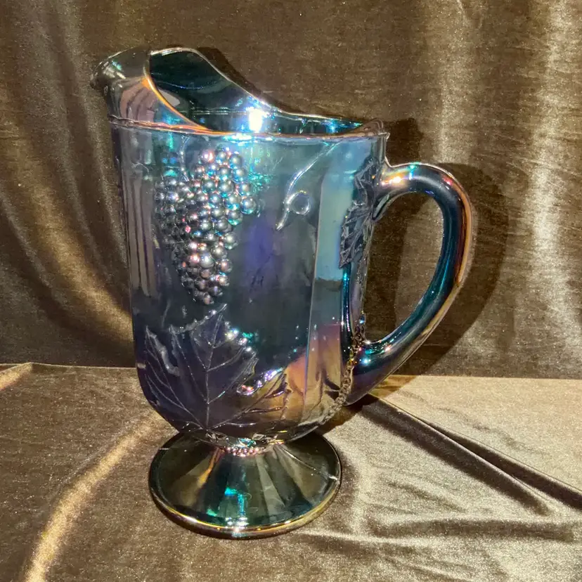 Vintage Blue Carnival Glass Footed Pitcher with Grape & Leaf Pattern