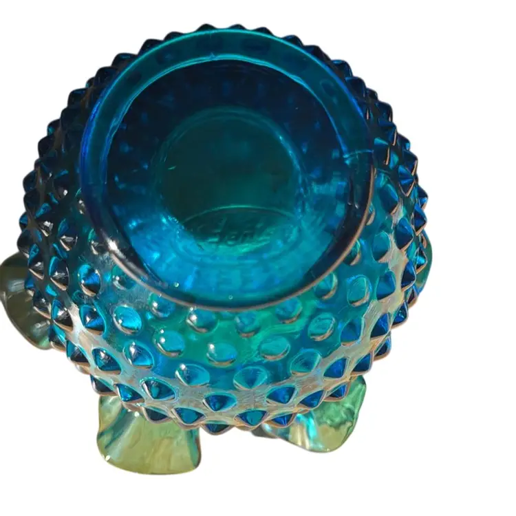 Fenton Blue Glass Ruffled Rim Hobnail Vase - 4”