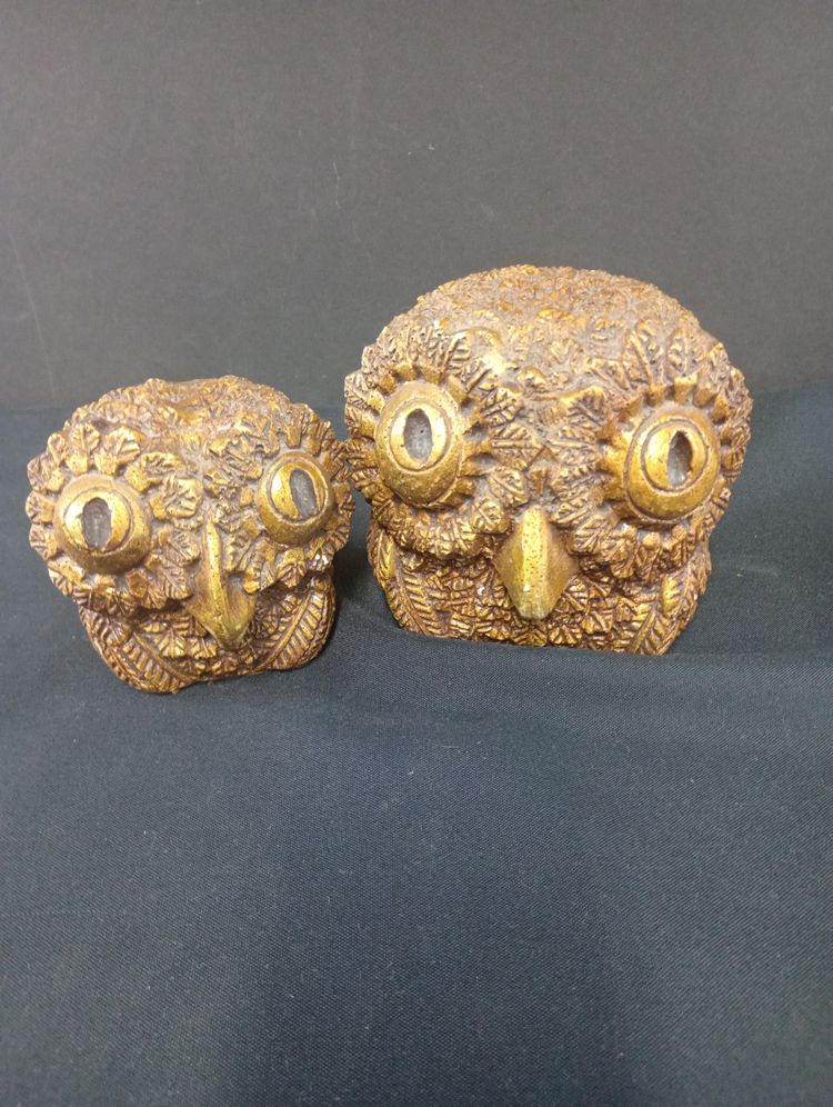 Mid Century Gold/Bronze toned Owl Mom And Child 2 Piece Figurine Set