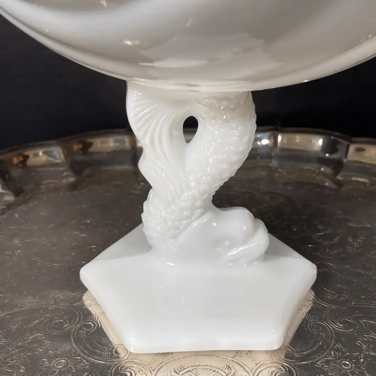 Vintage 1950s Milk Glass Shell & Dolphin Compote by Westmoreland Art Glass