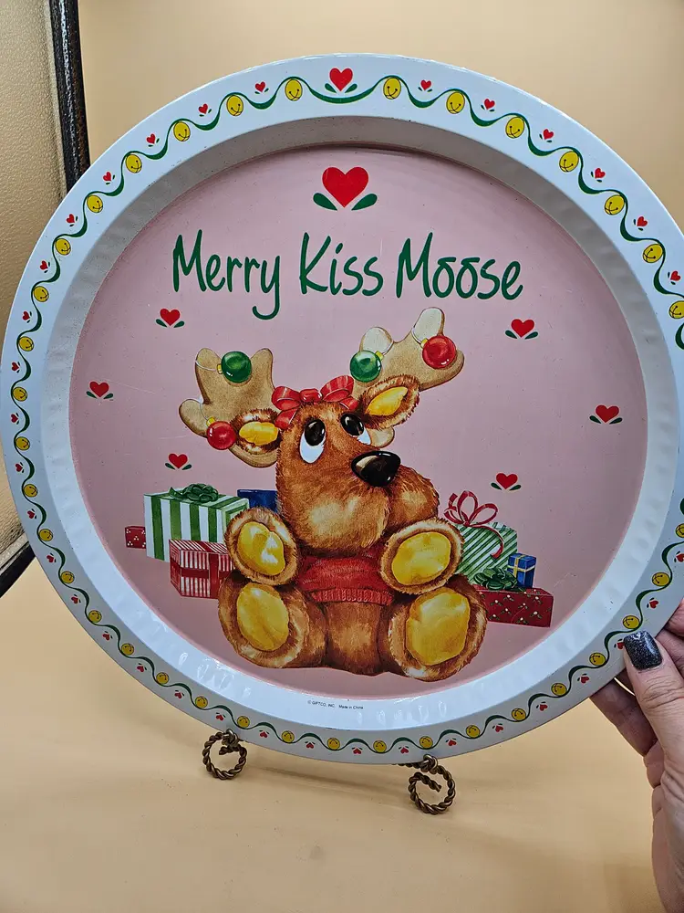 13" Round Merry Kiss Moose Metal Tray, Christmas