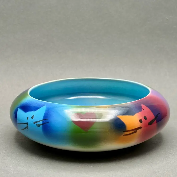 Vintage Judith Stiles Ceramic Bowl with Airbrushed Rainbow Cats and Hearts Design