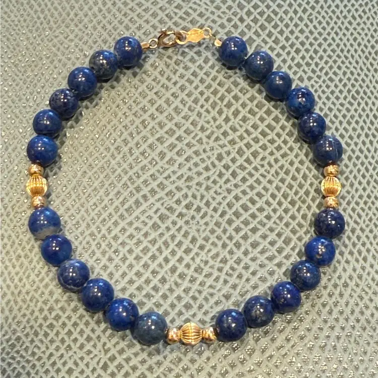 Estate 14k Gold Lapis Lazuli Beaded Bracelet C-Clasp, 7”, 7.9g