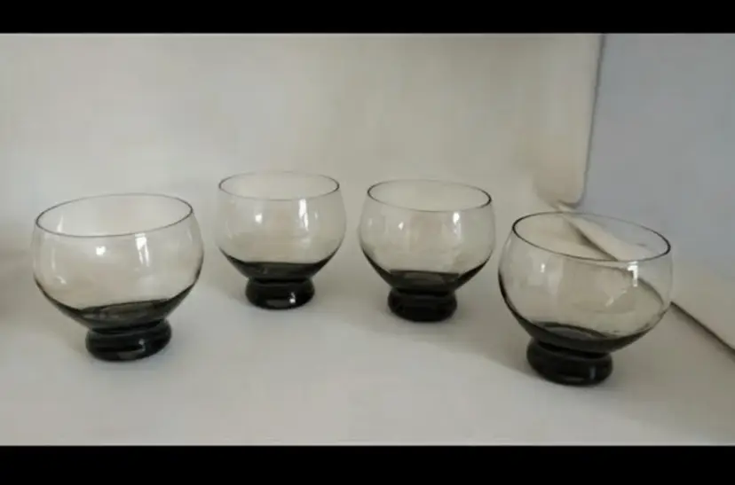 MCM rolypoly retro black smoky pedestal globe  double old fashioned Glasses Set4