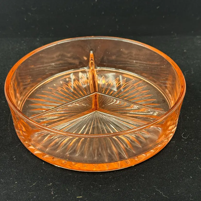 Pink depression glass three-part divided relish dish with starburst pattern