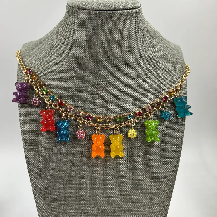 Rainbow Colored Gummy Bear Betsy Johnson Necklace Gold Tone, Plastic, Glass Materials 16” With 3” Extender.  Lobster Clasp.  Has Original Tags