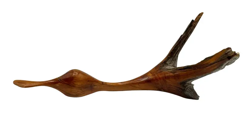 Signed Brent Freed 2008 Varnished Driftwood Duck in Flight Bird Sculpture 11β