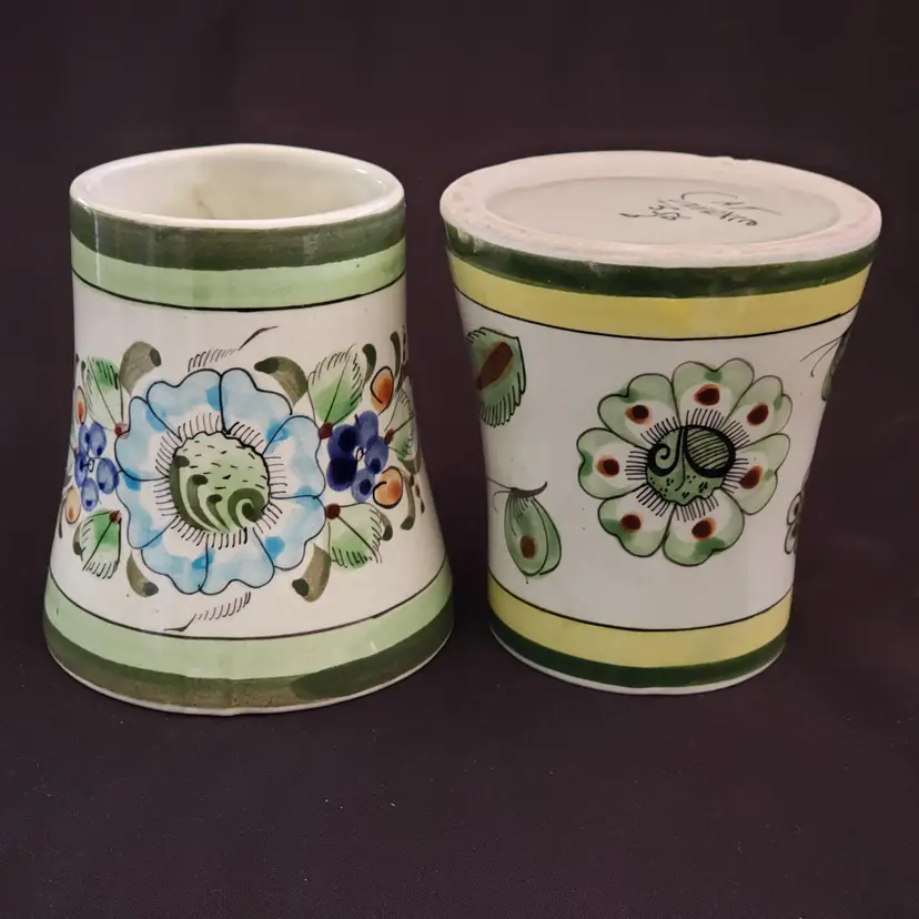 Tonala Pottery Mugs Signed CAT MEXICO Floral Design 4½" tall set of 2 Vintage