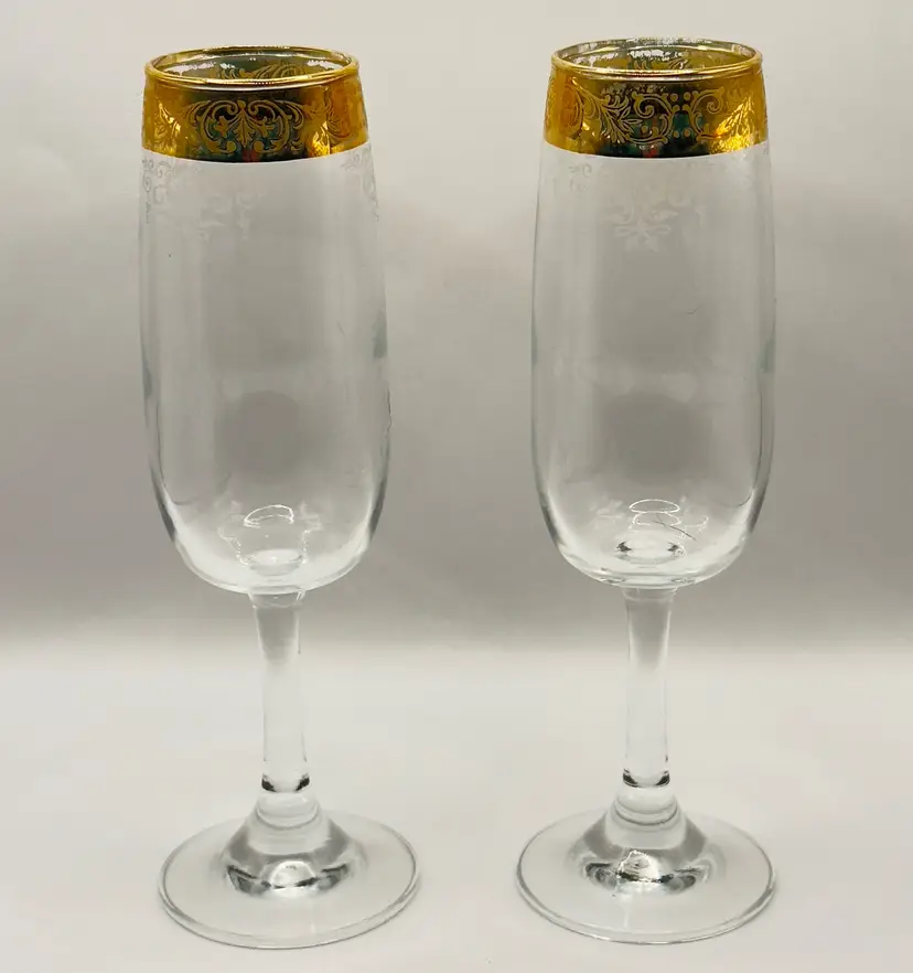 Vintage Italian Handblown 24k Gold Rimmed Etched Champagne Flutes, Elegant Barware, Set of 2, By Cellini, Made in Italy